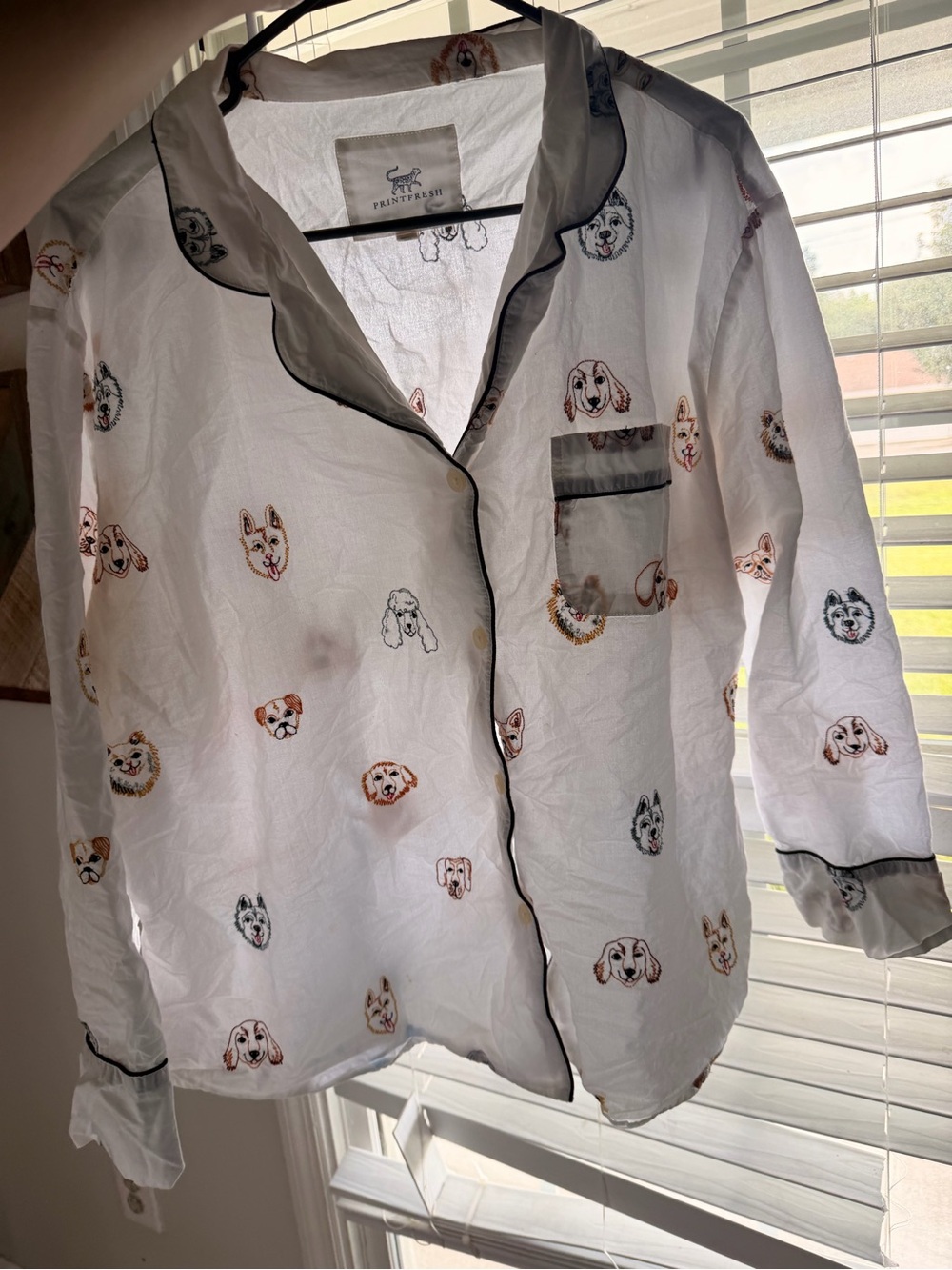 Printfresh White Pajama Top with Black Trim and Subtle Multicolor Print